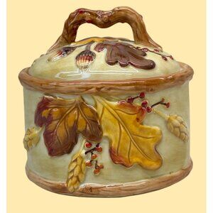Fitz and Floyd Harvest Fall Leaves Wheat Acorn Lidded Oval Box 4"